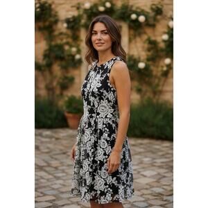 David Meister Women's Black + White Lace Embroidered Floral Dress Size 2